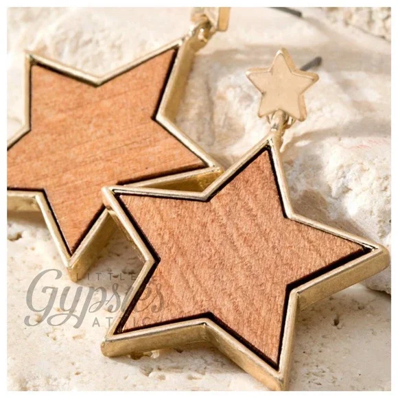Wooden Stars in Gold Earrings - Picture 1 of 6